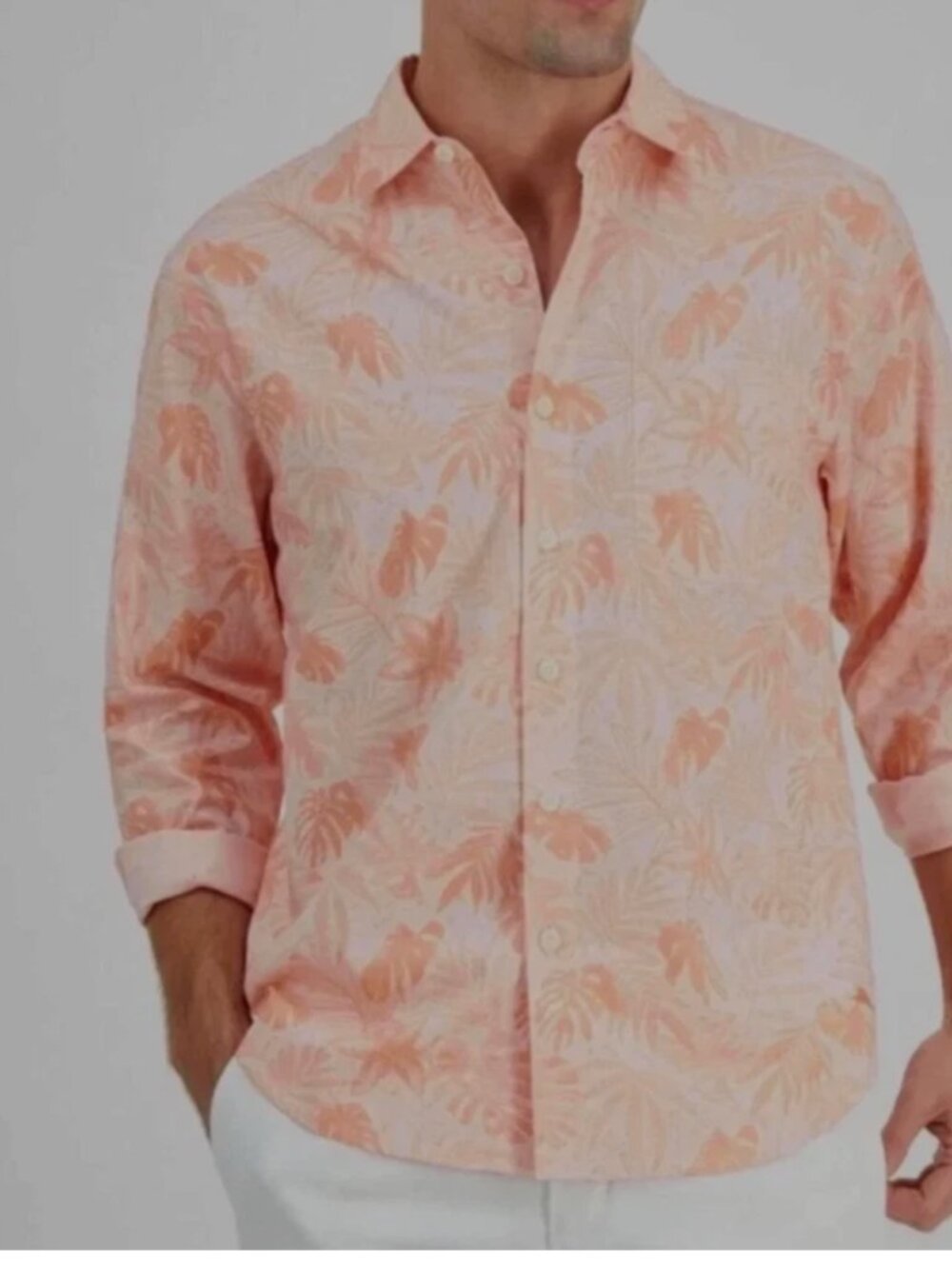 Tommy Bahama Men Button Down Shirt Digital Palm Chambray Print Dark Coral XXL